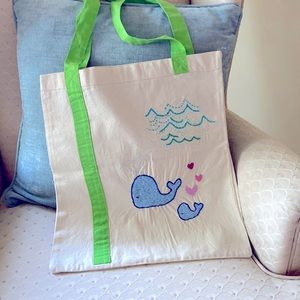 Reusable tote hand embroidered DIY whales hearts nautical baby gift cotton